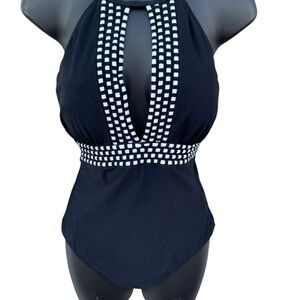 Profile by Gottex Black One-Piece Swimsuit with White Check Trim 10 Preowned